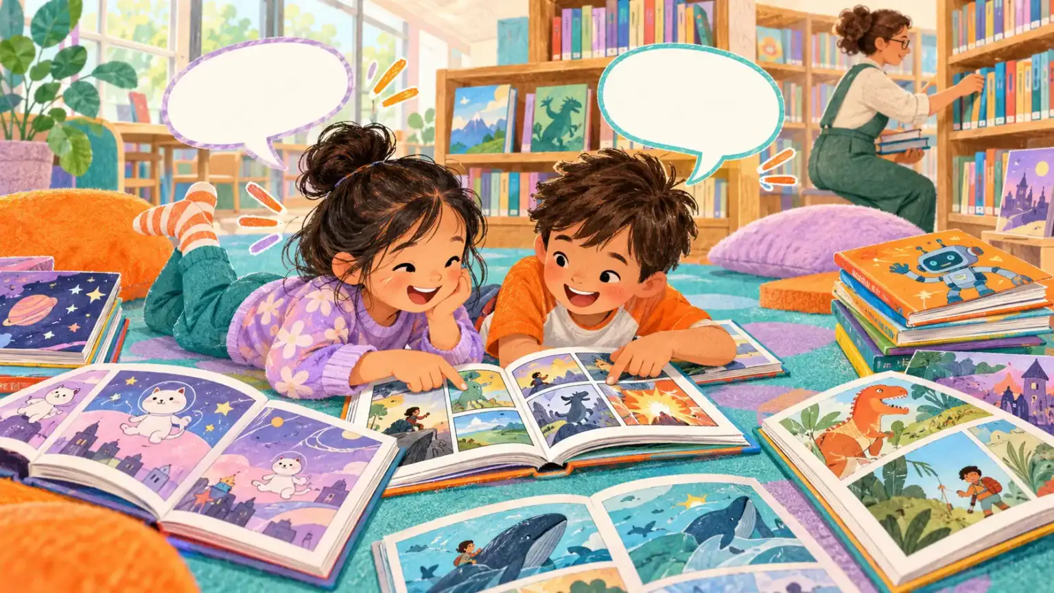 A family enjoys comics and graphic novels together on a sofa