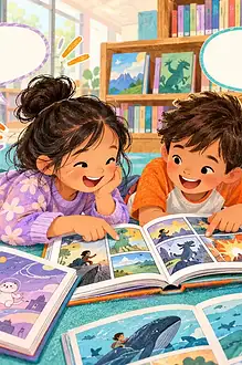 A family enjoys comics and graphic novels together on a sofa