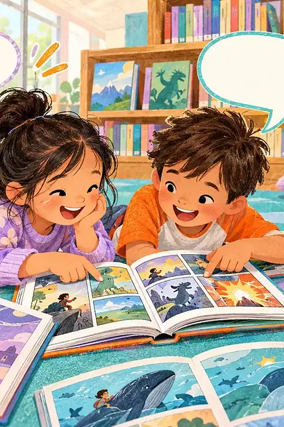 A family enjoys comics and graphic novels together on a sofa