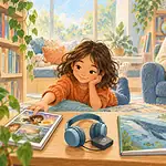 A child relaxes with comics, an audiobook and different reading choices