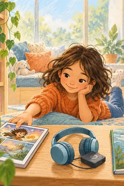 A child relaxes with comics, an audiobook and different reading choices