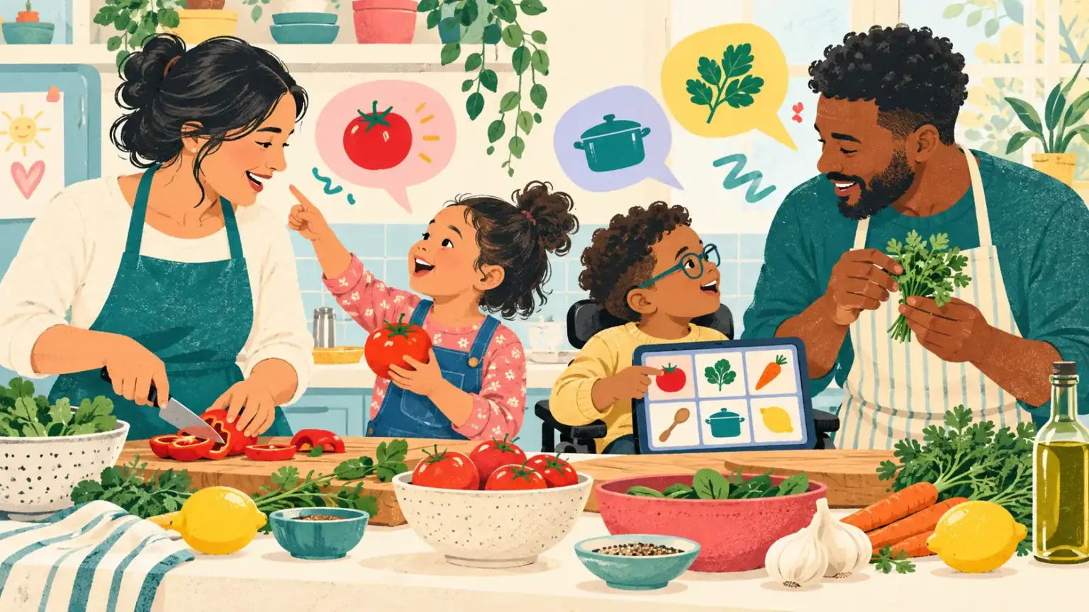 A family builds vocabulary through conversation while cooking together