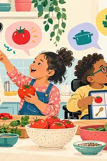A family builds vocabulary through conversation while cooking together