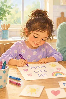 A caregiver and young child write together using playful invented spelling
