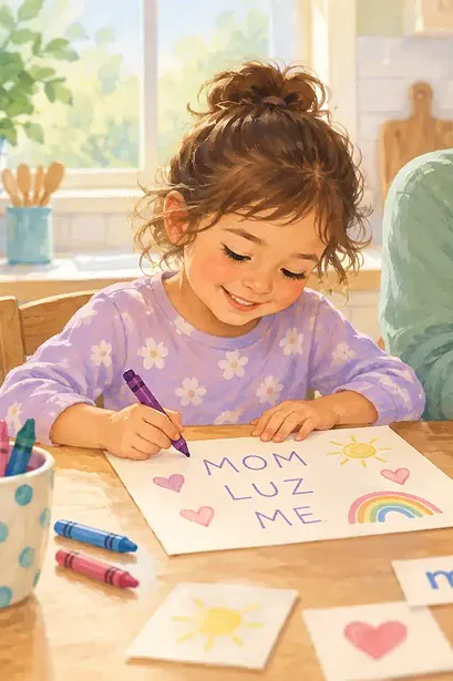 A caregiver and young child write together using playful invented spelling