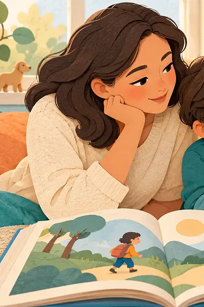 A parent and child pause over a story to discuss its meaning