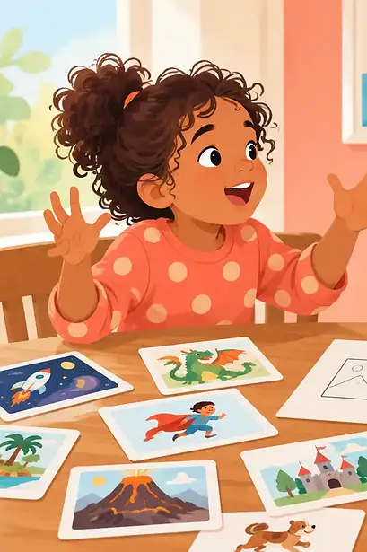 A child tells a story while a caregiver helps turn the ideas into writing