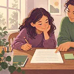 A child revises one part of a draft with gentle caregiver support