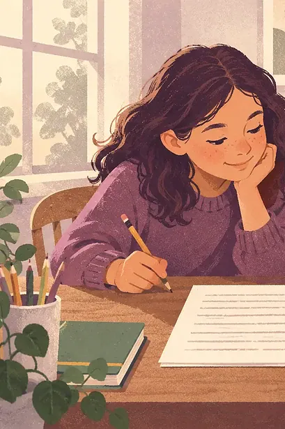 A child revises one part of a draft with gentle caregiver support