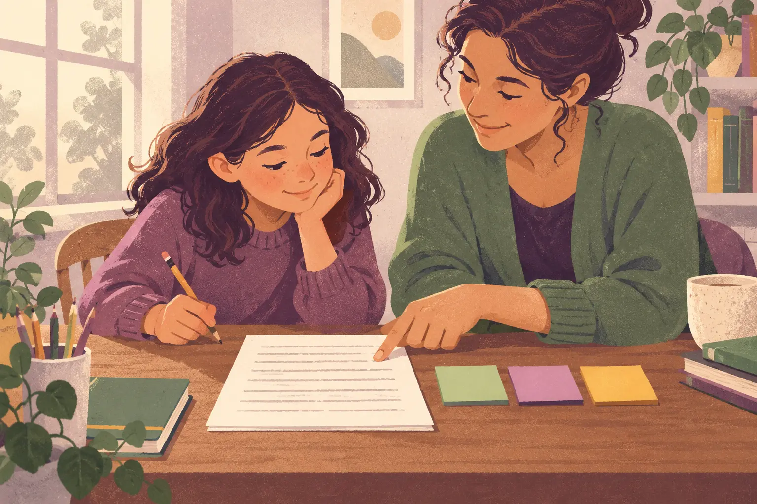A child revises one part of a draft with gentle caregiver support