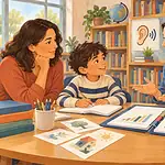 A parent, child and teacher discuss reading support at a school table