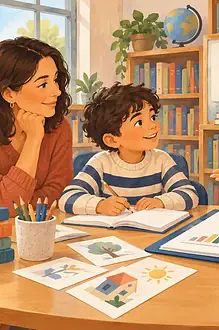 A parent, child and teacher discuss reading support at a school table