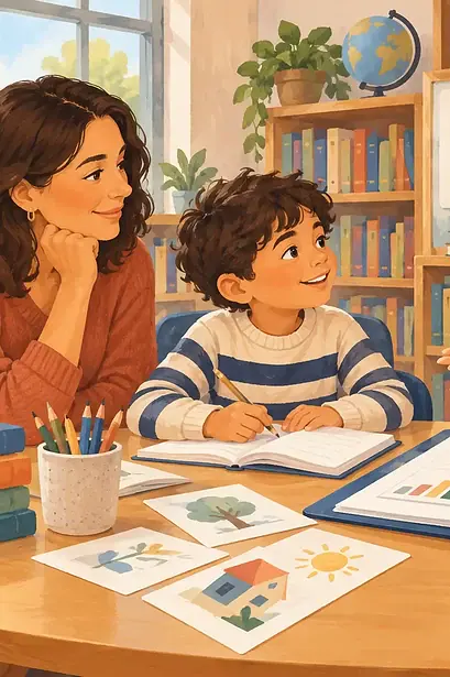 A parent, child and teacher discuss reading support at a school table