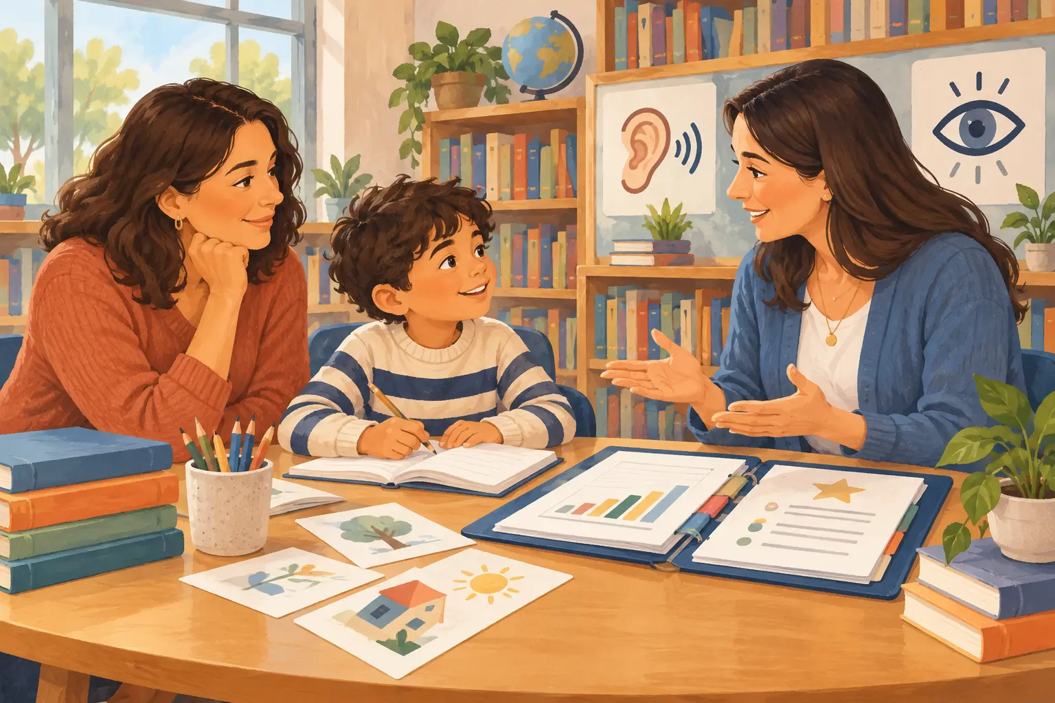A parent, child and teacher discuss reading support at a school table