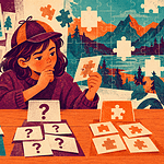 A preteen sorts clue cards around an incomplete puzzle to identify missing information.
