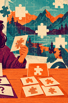A preteen sorts clue cards around an incomplete puzzle to identify missing information.