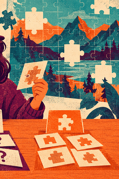 A preteen sorts clue cards around an incomplete puzzle to identify missing information.