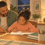 A father points to a small sequence of steps while his daughter works on her own homework.