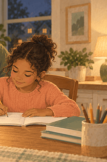 A father points to a small sequence of steps while his daughter works on her own homework.