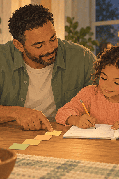 A father points to a small sequence of steps while his daughter works on her own homework.