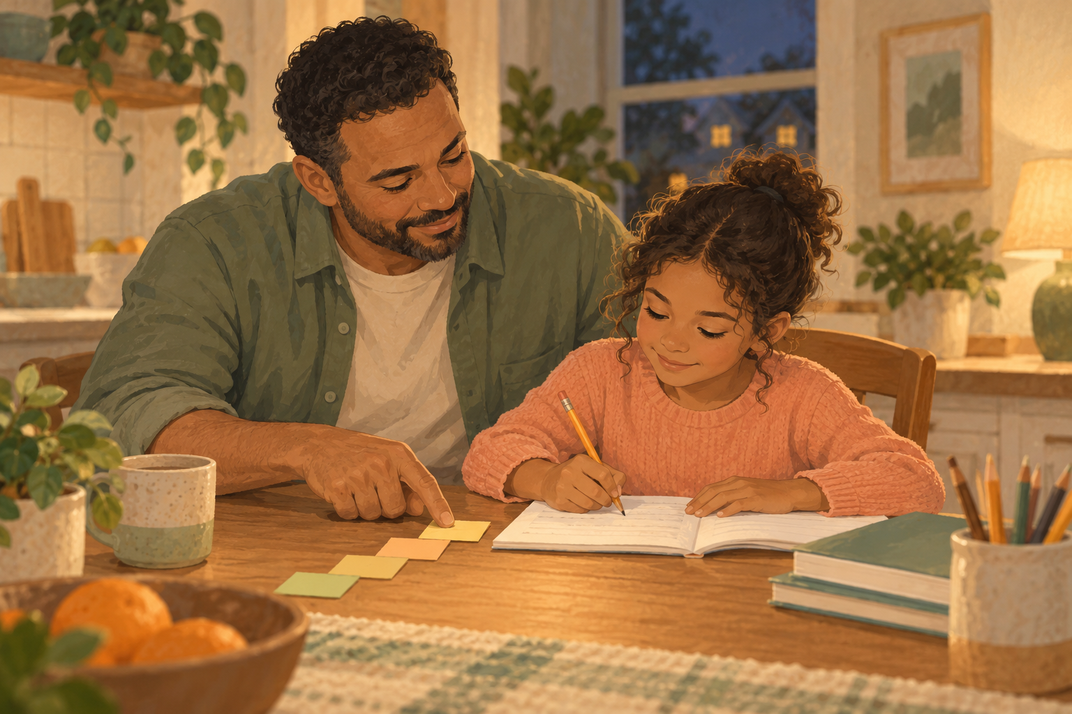 A father points to a small sequence of steps while his daughter works on her own homework.