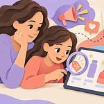 A mother and preteen examine product cues and persuasive symbols on a tablet.