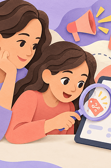 A mother and preteen examine product cues and persuasive symbols on a tablet.