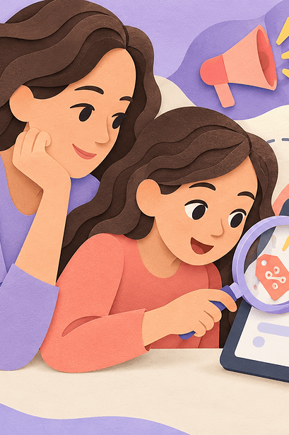 A mother and preteen examine product cues and persuasive symbols on a tablet.