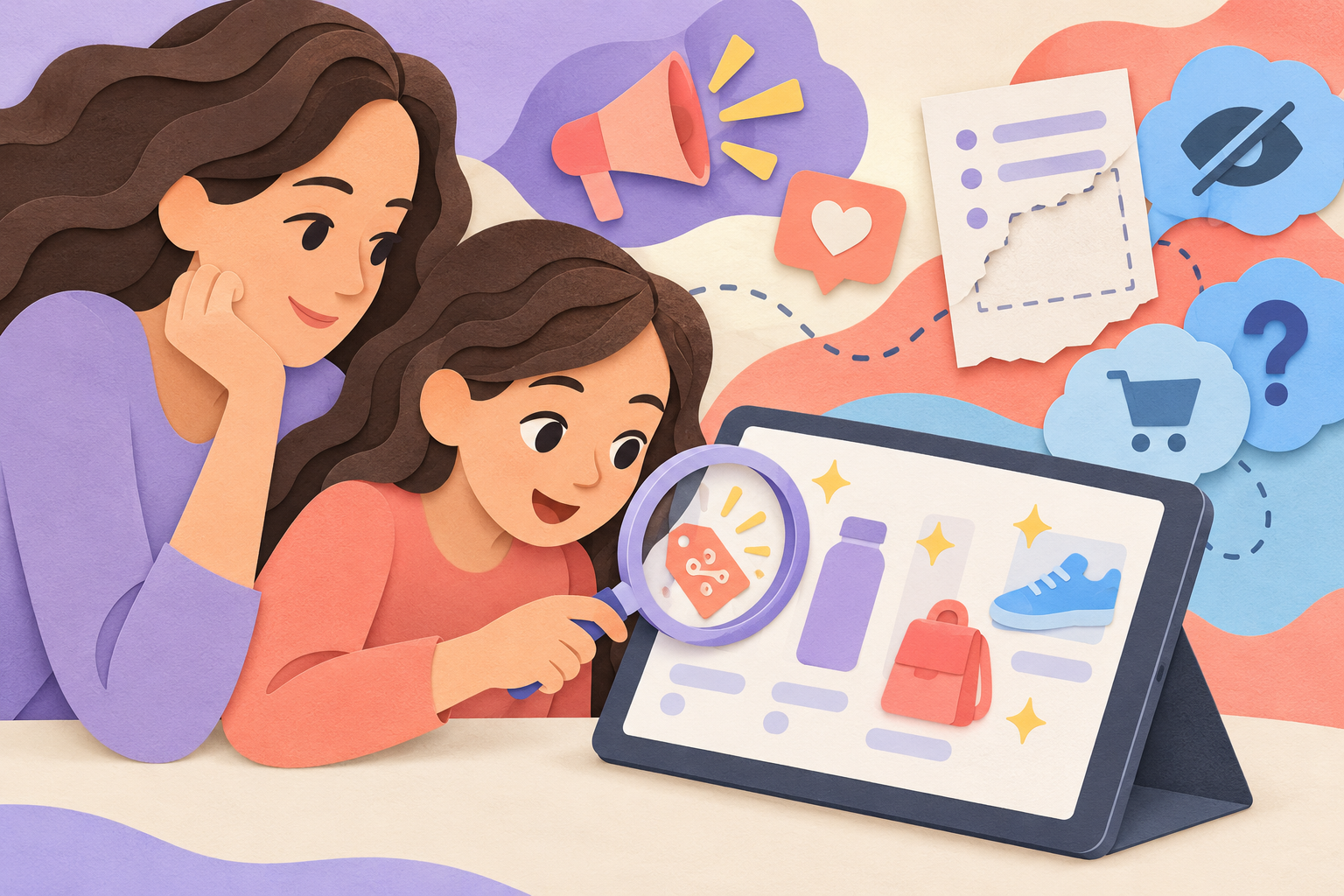 A mother and preteen examine product cues and persuasive symbols on a tablet.