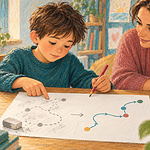 A child traces the path of an attempted solution while an adult listens beside him.