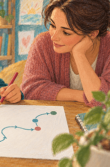 A child traces the path of an attempted solution while an adult listens beside him.