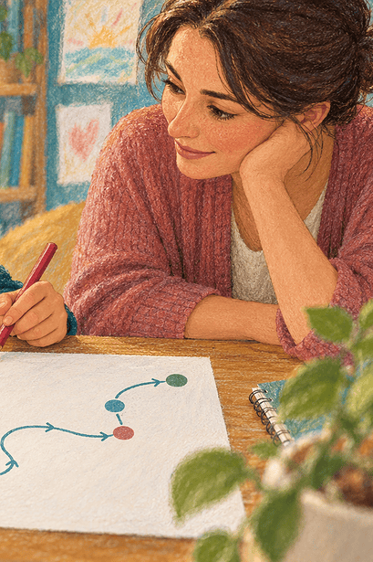 A child traces the path of an attempted solution while an adult listens beside him.