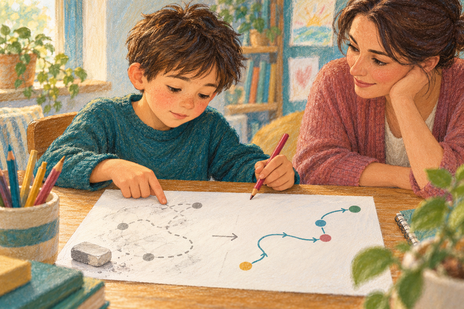 A child traces the path of an attempted solution while an adult listens beside him.