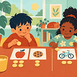 Two children use picture cards and tokens to compare choices while a caregiver observes.