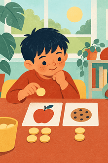 Two children use picture cards and tokens to compare choices while a caregiver observes.