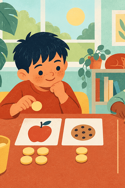 Two children use picture cards and tokens to compare choices while a caregiver observes.