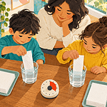 Two children test equal pieces of paper towel in matching cups as a caregiver supervises.
