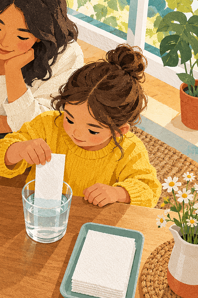 Two children test equal pieces of paper towel in matching cups as a caregiver supervises.