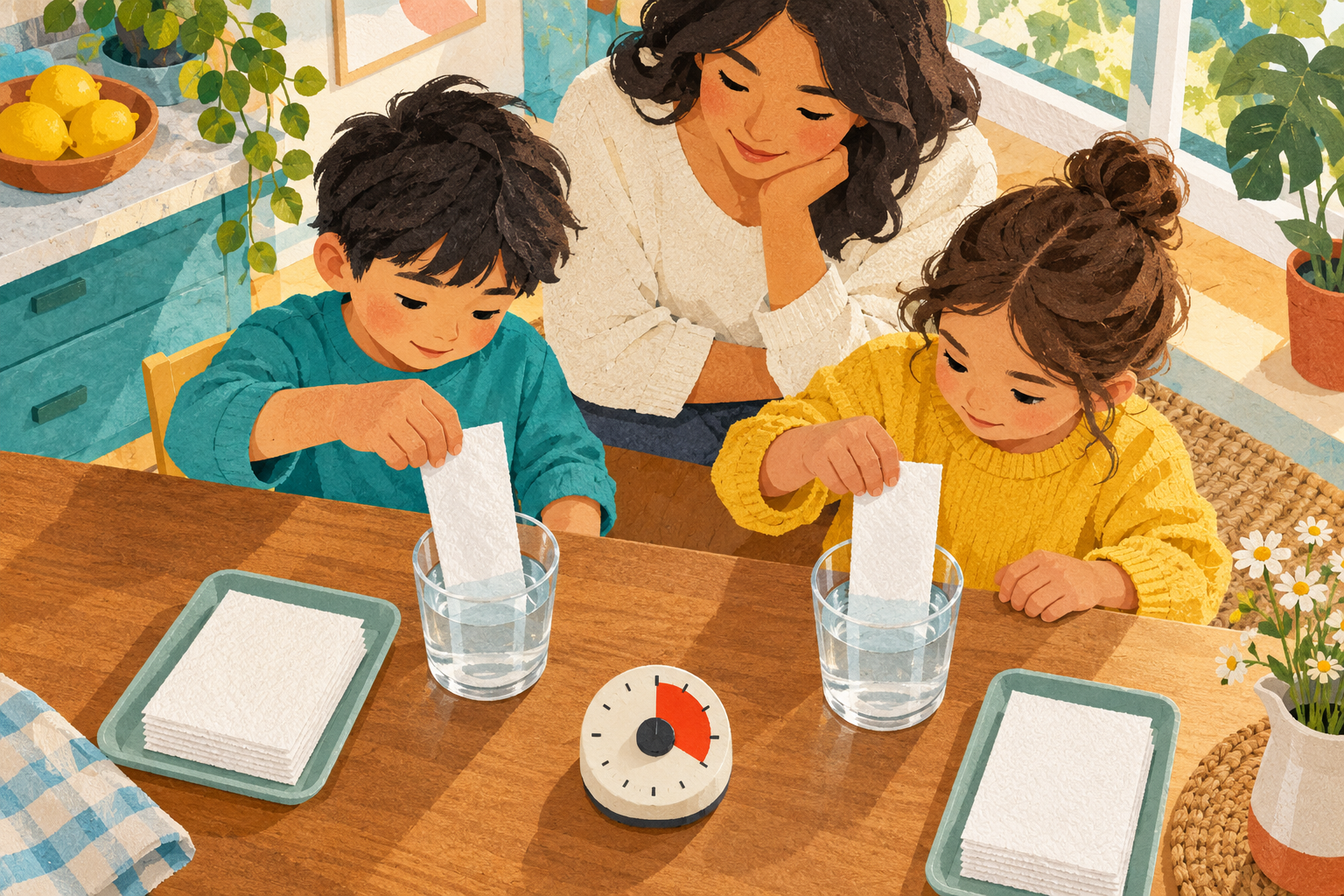 Two children test equal pieces of paper towel in matching cups as a caregiver supervises.
