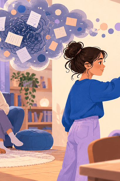A teenager moves one small task card from a cloud of project ideas onto a simple plan.