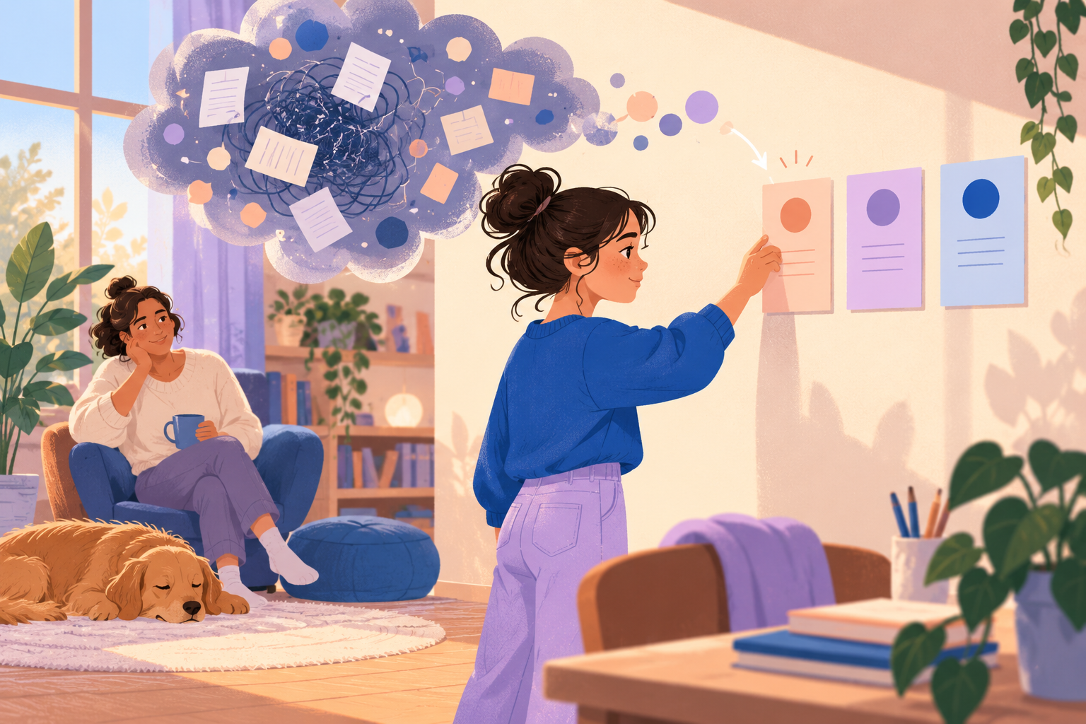 A teenager moves one small task card from a cloud of project ideas onto a simple plan.