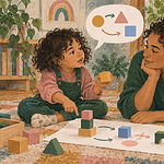 A child shows her thinking with blocks, arrows and shapes while a caregiver listens.