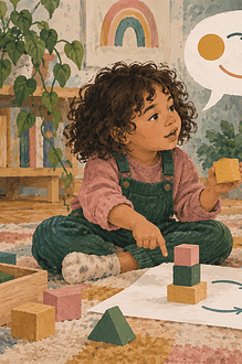 A child shows her thinking with blocks, arrows and shapes while a caregiver listens.