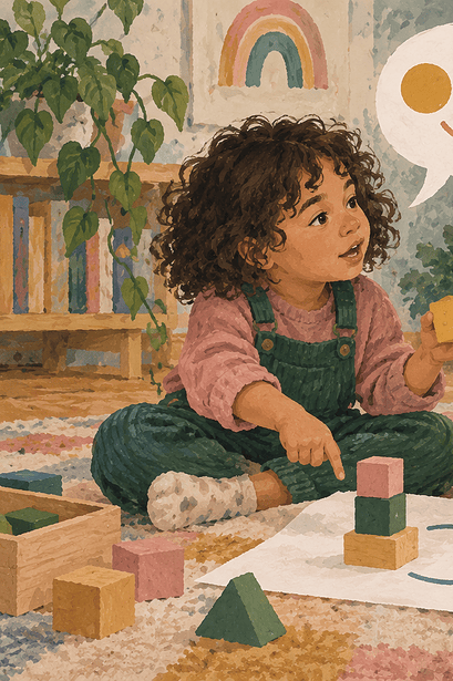 A child shows her thinking with blocks, arrows and shapes while a caregiver listens.