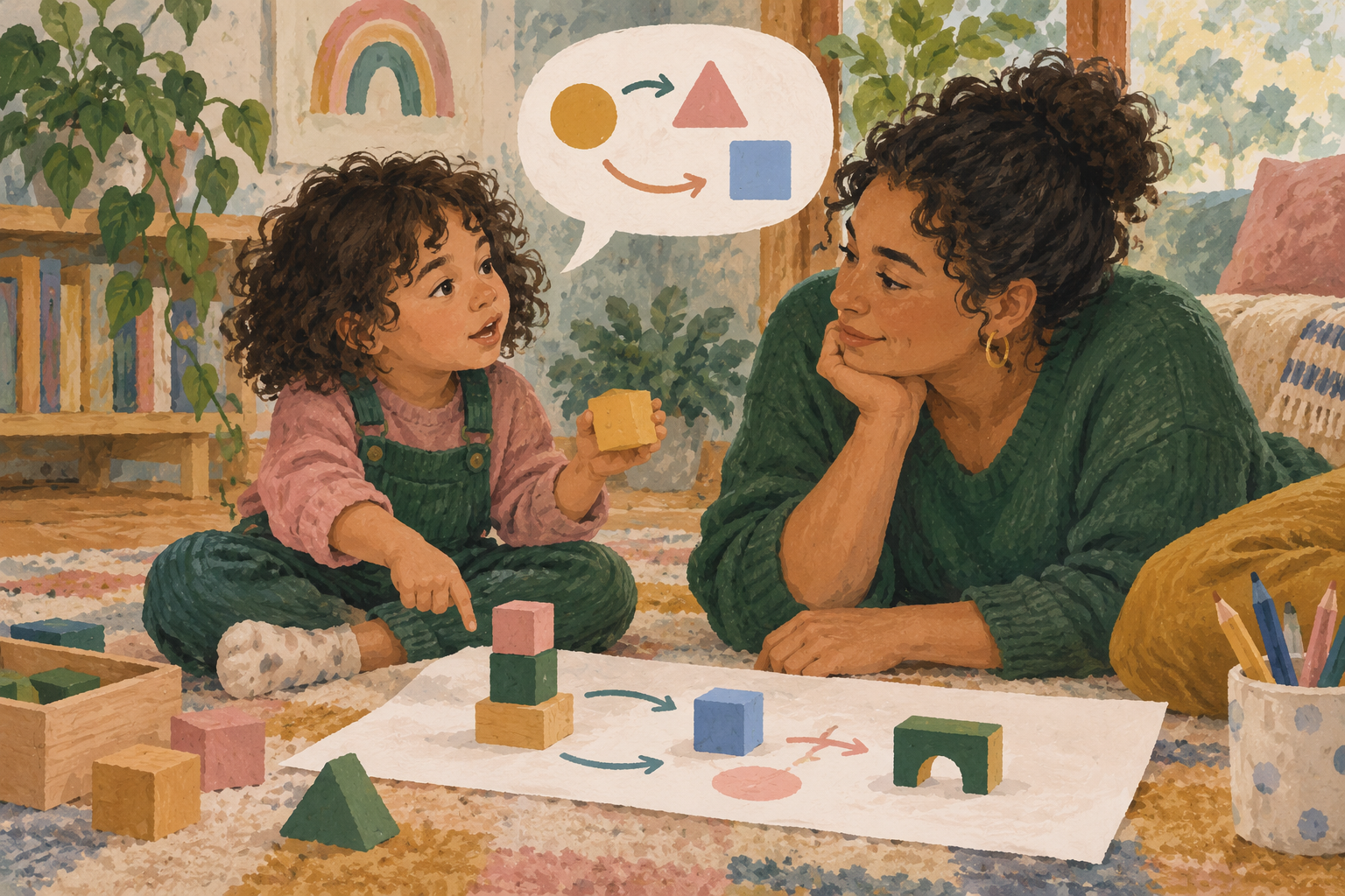A child shows her thinking with blocks, arrows and shapes while a caregiver listens.
