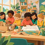 Children share drawing, materials and testing roles while building a cardboard bridge.