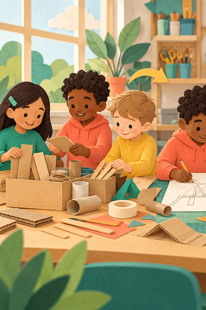 Children share drawing, materials and testing roles while building a cardboard bridge.