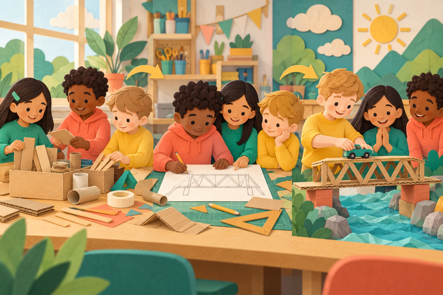Children share drawing, materials and testing roles while building a cardboard bridge.