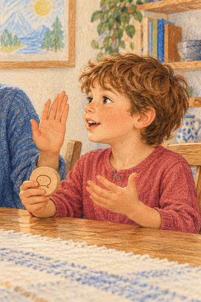 Two children and a caregiver practise listening and waiting with a small talking token.