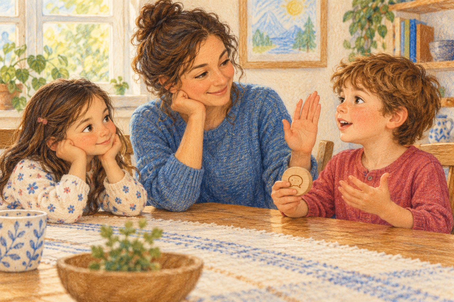 Two children and a caregiver practise listening and waiting with a small talking token.